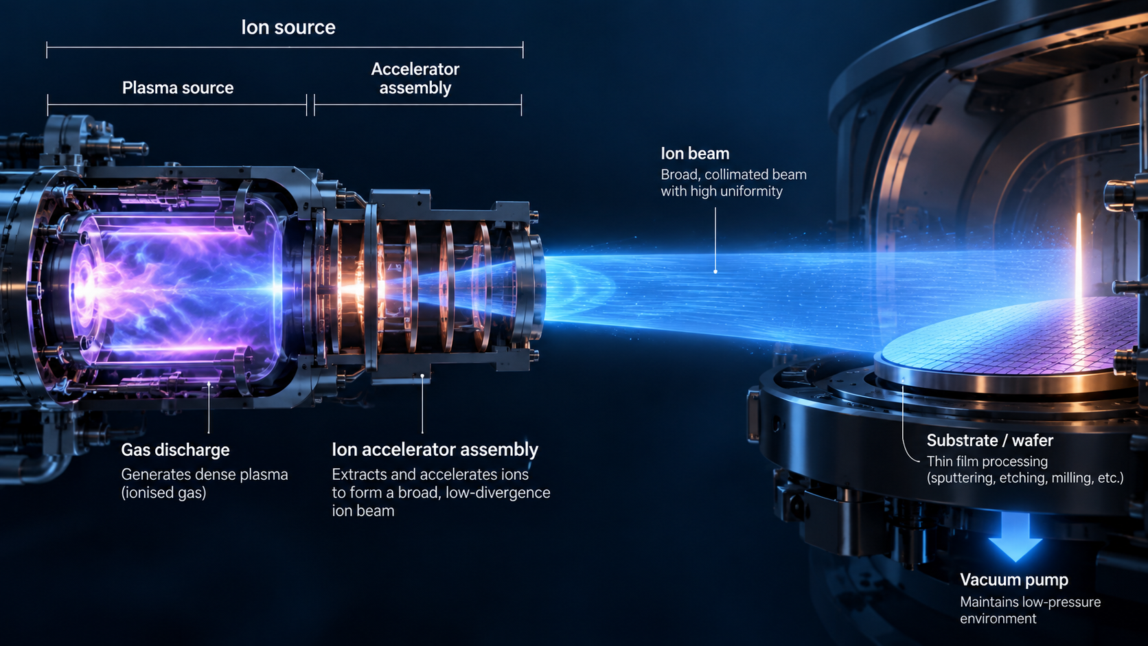 Diagram of an ion source, broad ion beam and wafer inside a vacuum chamber