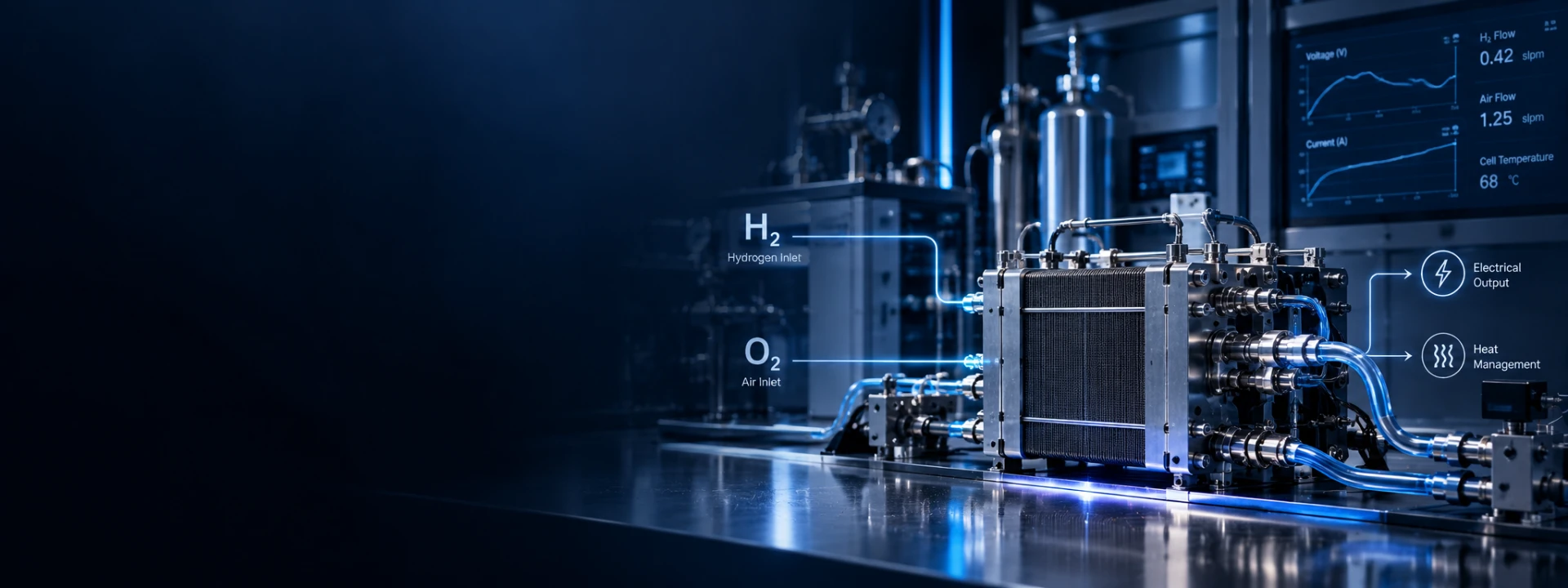 PEM fuel cell test system with flow and temperature monitoring